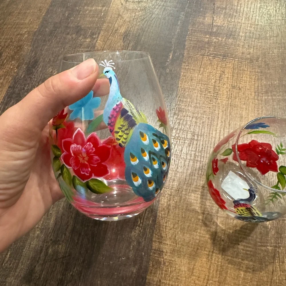 Set of two Pier 1 hand painted wine glasses
